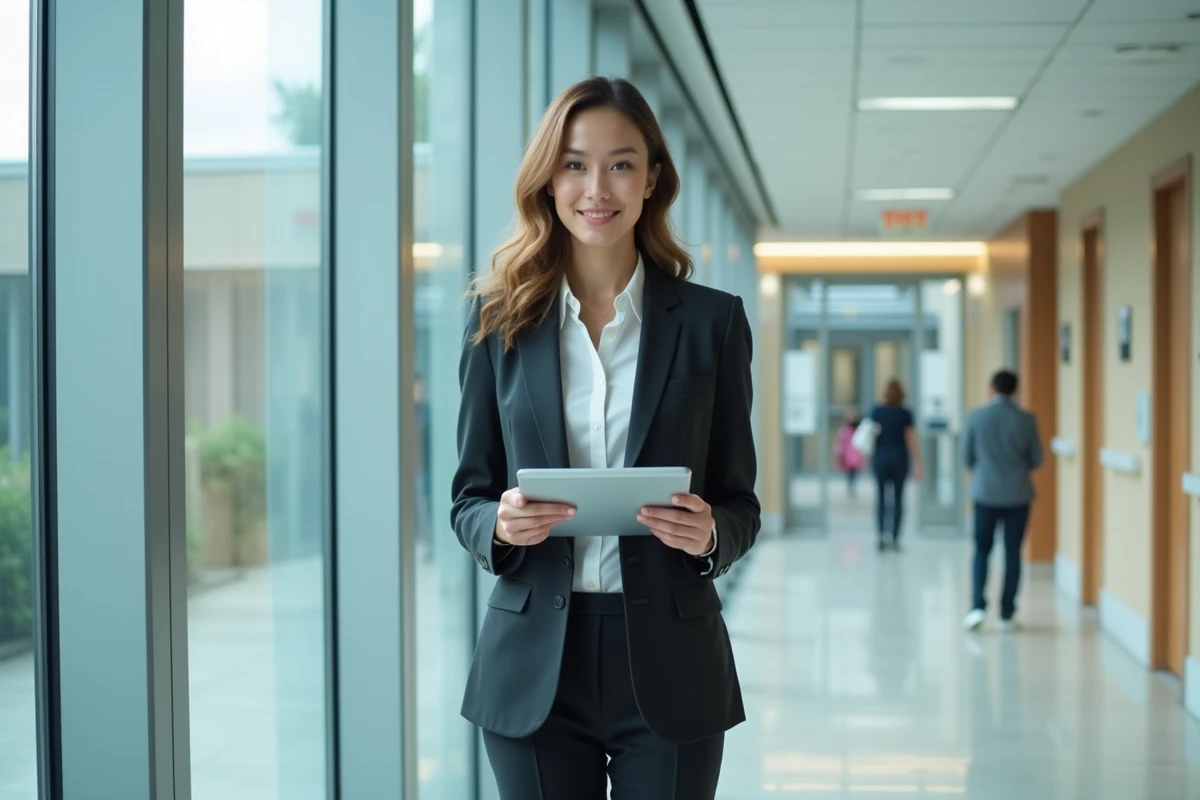 Jeune femme administratrice regarde tablette dans couloir lumineux