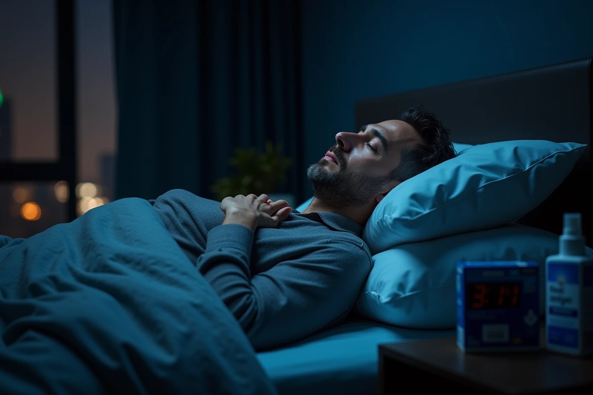 Adulte allongé dans son lit la nuit avec des pastilles contre la toux et un spray nasal sur la table de chevet affichant 3h14
