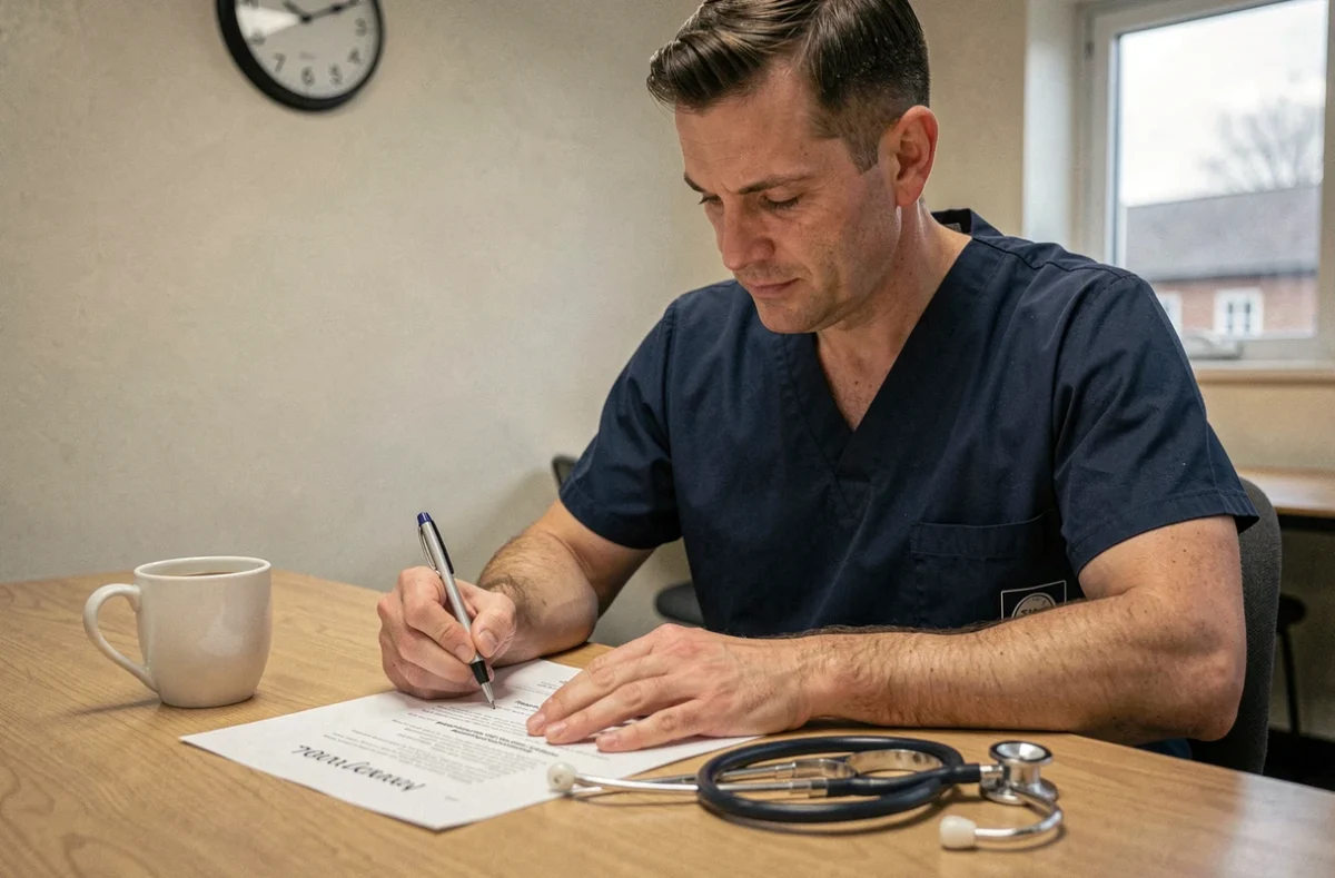 Aide soignant annotant un guide PDF de terminologie médicale dans une salle de pause hospitalière