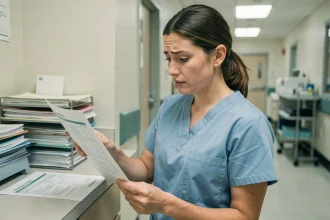 Aide soignante consultant un document de vocabulaire médical à un poste de soins infirmiers
