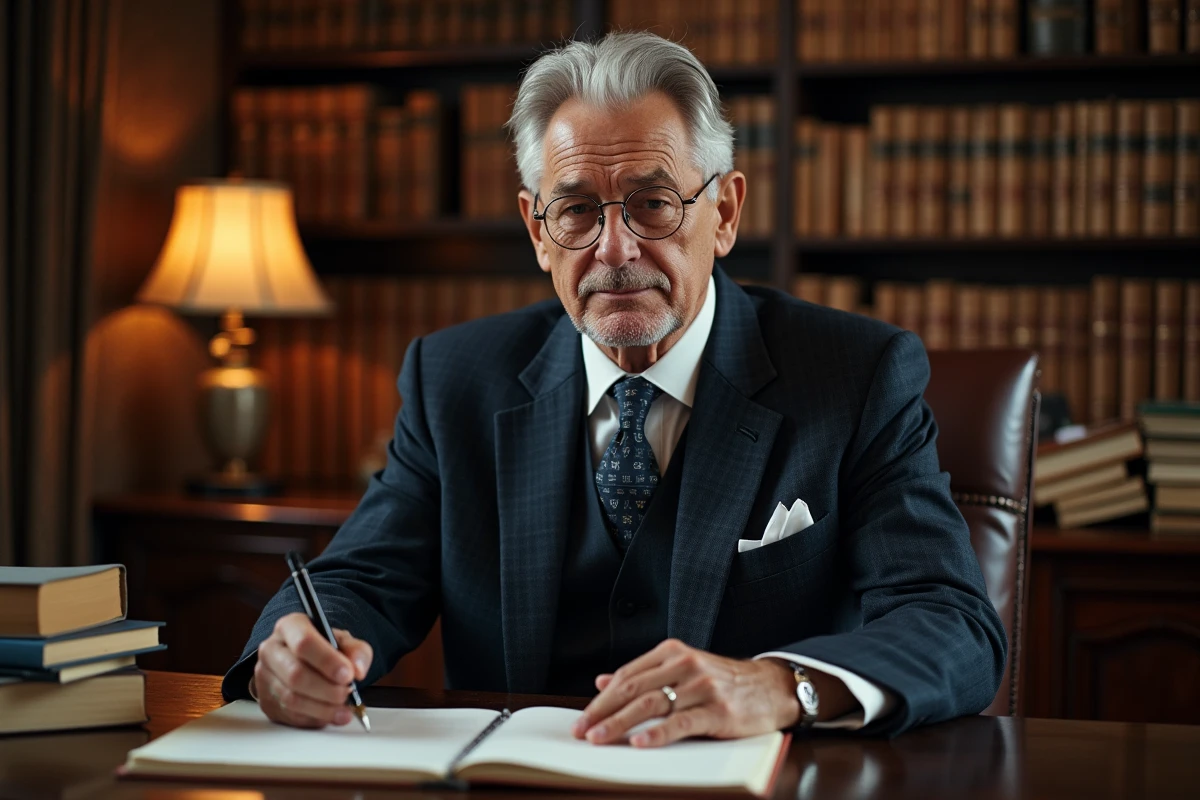 Portrait d'un homme distingué aux cheveux grisonnants assis à un bureau dans un bureau parisien, évoquant Alain Bauer dans un contexte professionnel