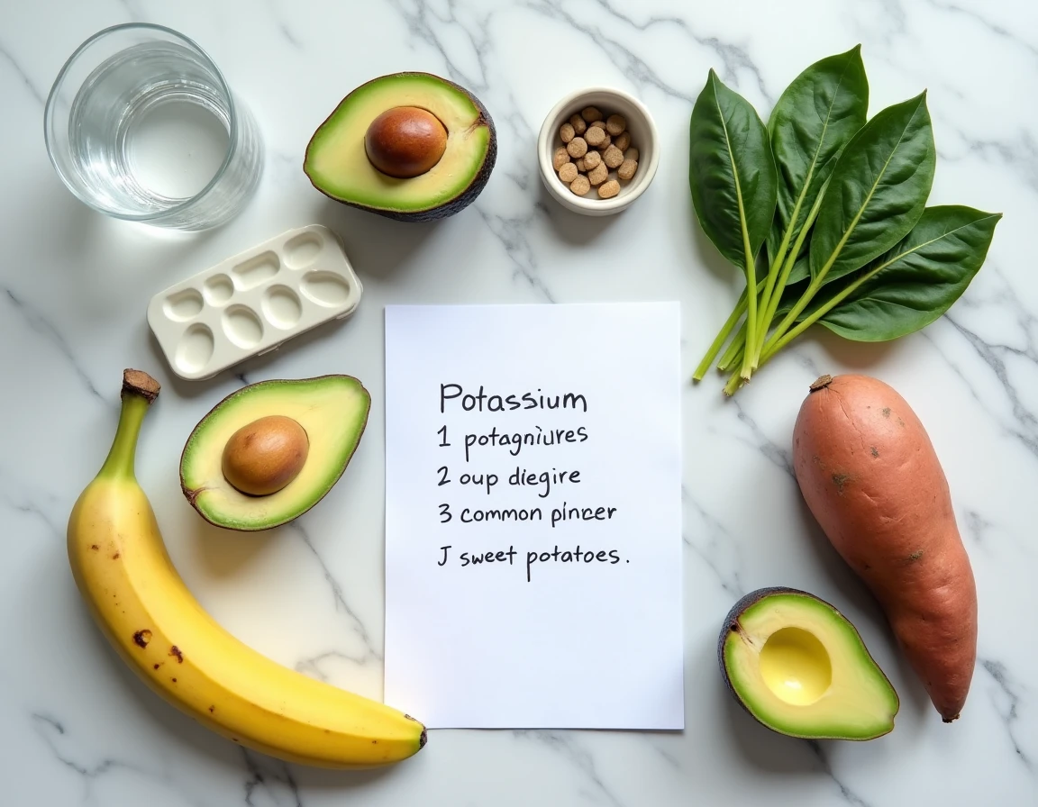 Aliments riches en potassium disposés en flat-lay avec un organiseur de médicaments, illustrant les erreurs alimentaires liées à l'hypokaliémie