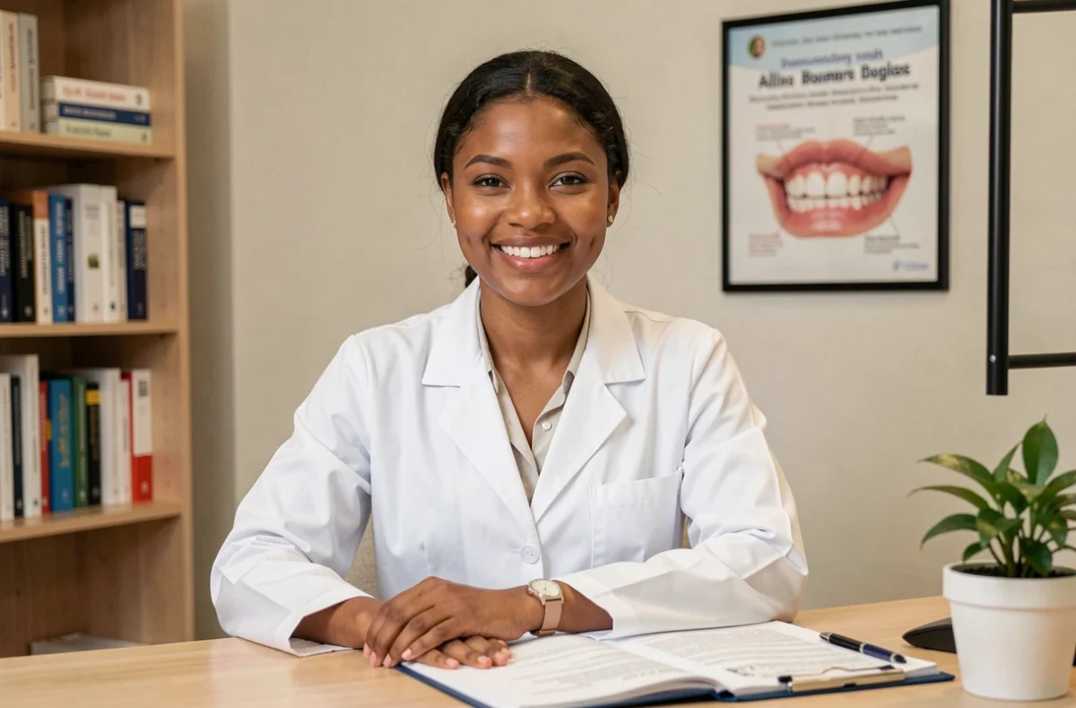Alix Boissier Mbianda, praticienne dentaire souriante en blouse blanche, assise à son bureau de consultation avec un dossier patient ouvert