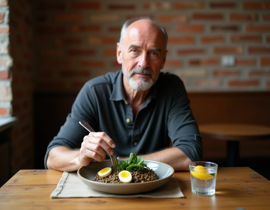 Homme mangeant une assiette de lentilles et d'œufs durs, repas rassasiant et peu calorique au bistrot
