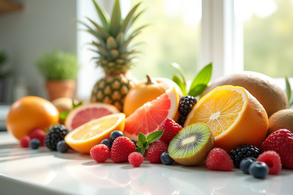 Assortiment de fruits frais coupés sur un plan de travail blanc