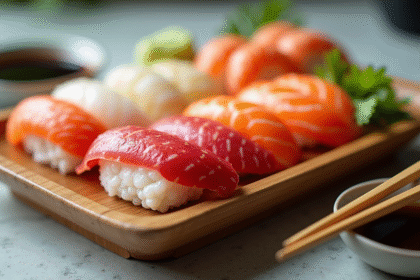 Assortiment de sushi sur un plateau en bambou avec wasabi et sauce