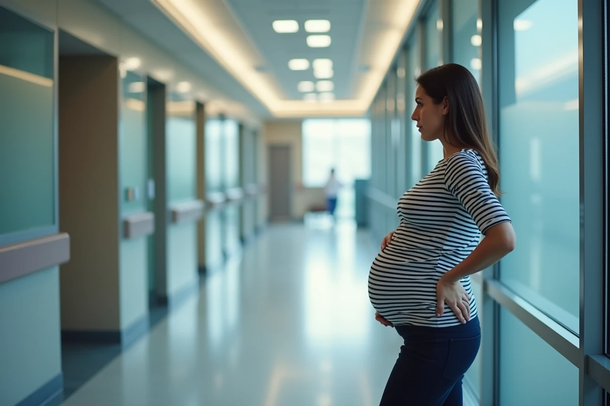 Femme enceinte à terme debout dans un couloir de maternité, regardant par la fenêtre en attendant le travail