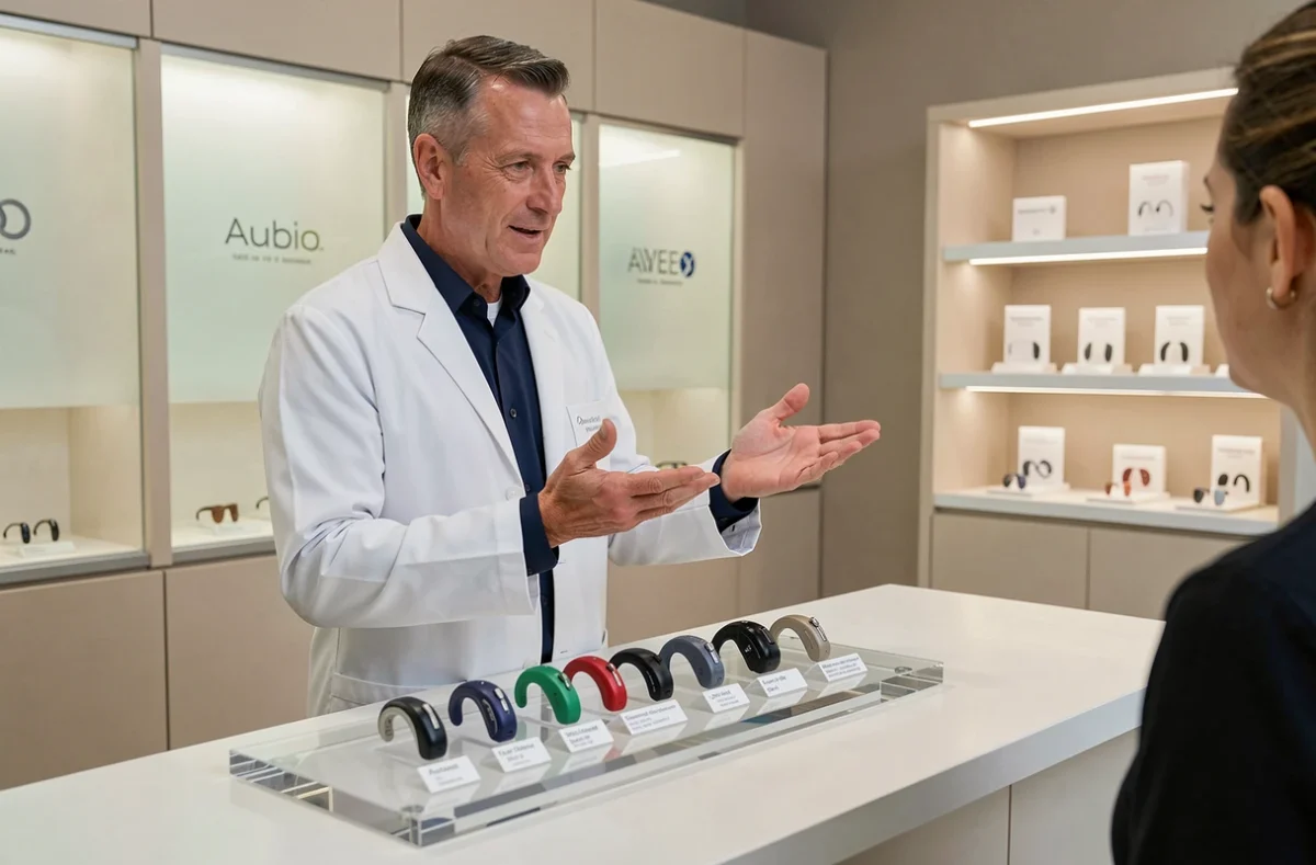 Audioprothésiste présentant plusieurs modèles d'aides auditives en magasin pour aider un client à comparer les marques