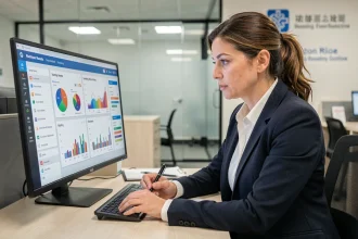 Responsable administrative en établissement de santé analysant des tableaux de bord de données sur un logiciel de gestion type NETSoins