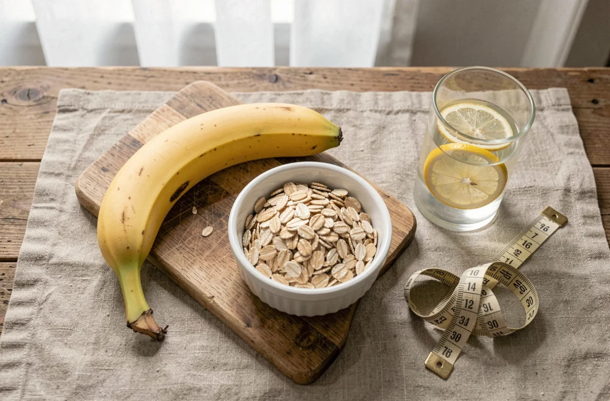 Banane et aliments minceur sur table en bois pour un régime ventre plat