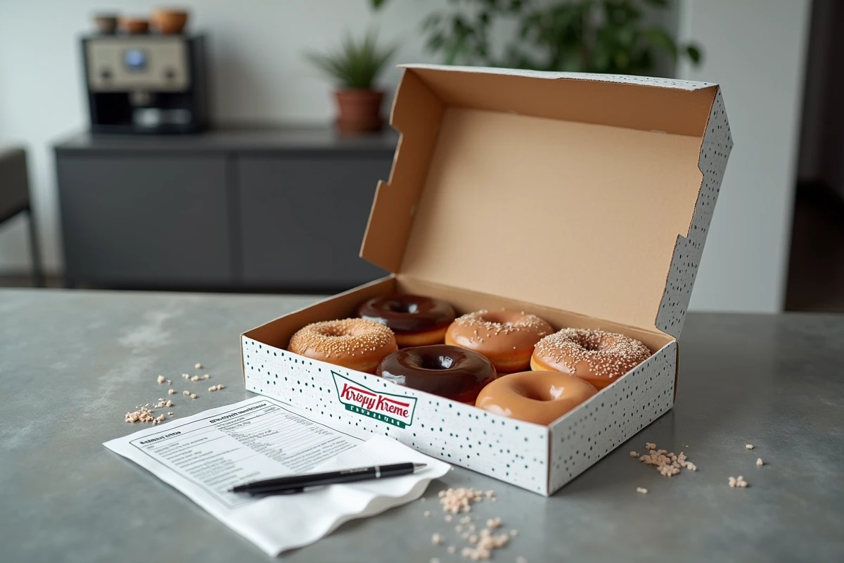 Boîte ouverte de six donuts Krispy Kreme assortis avec une fiche nutritionnelle imprimée sur une surface en béton