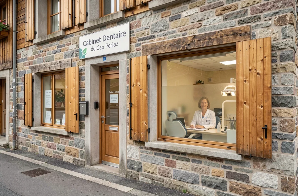 Façade du Cabinet Dentaire du Cap Periaz dans un bâtiment traditionnel de Haute-Savoie avec une praticienne visible à travers la fenêtre