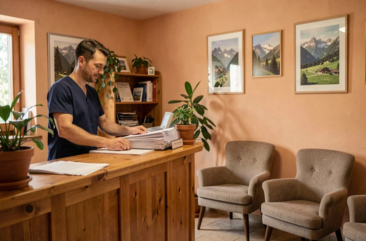 Salle d'attente chaleureuse du Cabinet Dentaire des Usses avec un assistant dentaire organisant des dossiers dans un cadre alpin accueillant