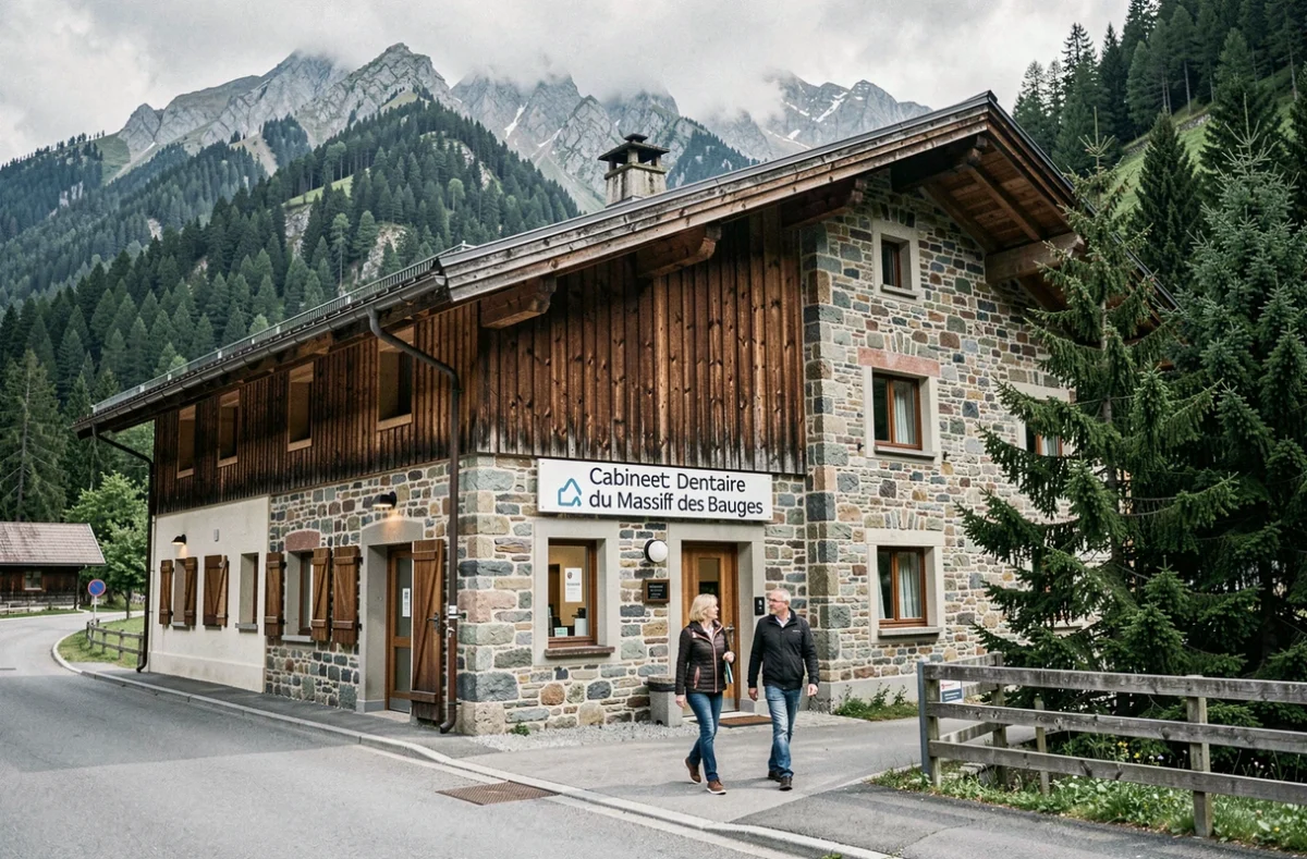 Cabinet Dentaire du Massif des Bauges avec sa façade traditionnelle savoyarde encadrée par les montagnes et une forêt de conifères