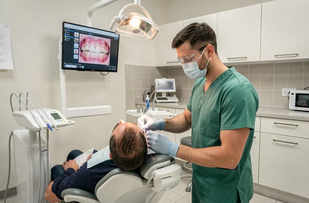Dentiste du centre Evadent réalisant un soin dentaire sur un patient adulte dans un cabinet moderne et bien équipé