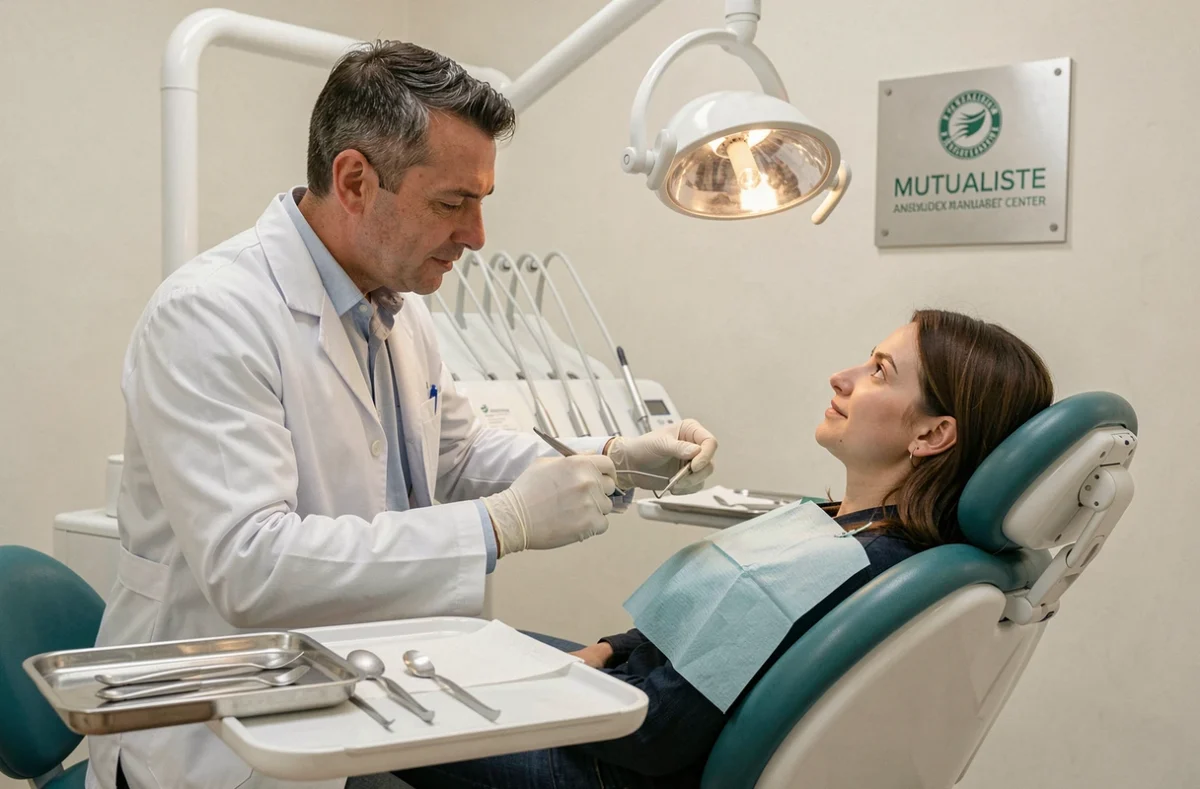 Dentiste du centre dentaire mutualiste d'Annemasse examinant une patiente dans un cabinet dentaire moderne et professionnel