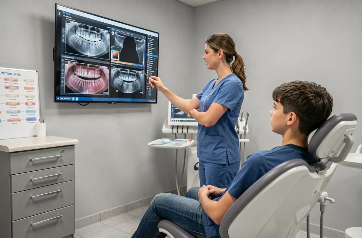 Orthodontiste consultant des radiographies dentaires numériques avec un patient adolescent dans le centre dentaire et d'orthodontie mutualiste