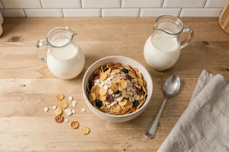 Bol de céréales riches en fibres avec flocons d'avoine et fruits secs sur une table en bois dans une cuisine nordique