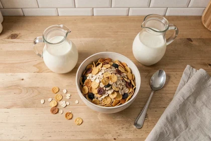 Bol de céréales riches en fibres avec flocons d'avoine et fruits secs sur une table en bois dans une cuisine nordique