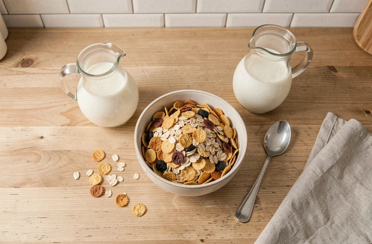 Bol de céréales riches en fibres avec flocons d'avoine et fruits secs sur une table en bois dans une cuisine nordique