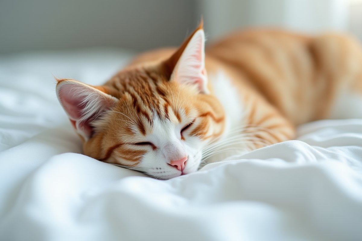 Chat hypoallergenique reposant sur un lit blanc lumineux