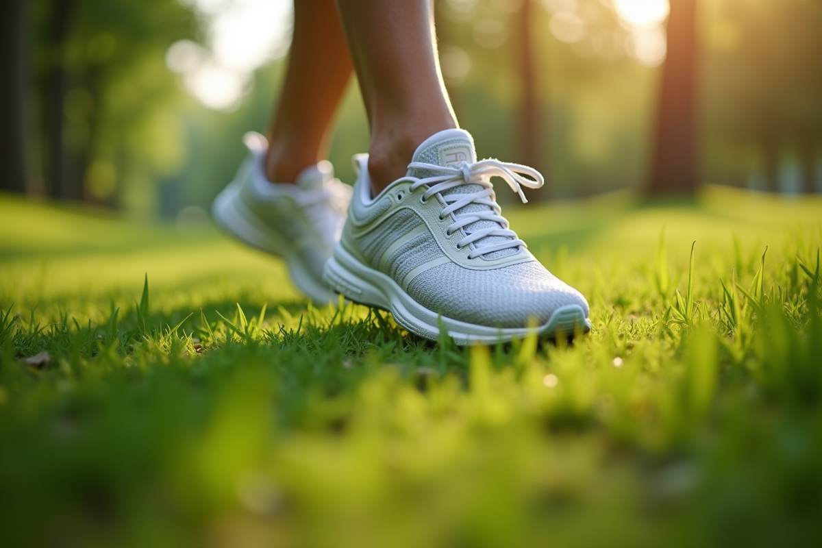 Chaussures de sport sur un sentier vert en plein air