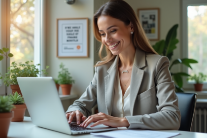 Coach femme souriante travaillant sur un ordinateur dans un bureau moderne