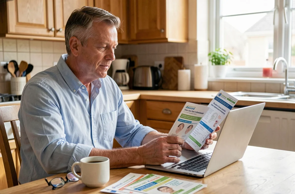 Homme d'une cinquantaine d'années comparant des offres d'appareillage auditif en ligne depuis son domicile avec brochures et ordinateur