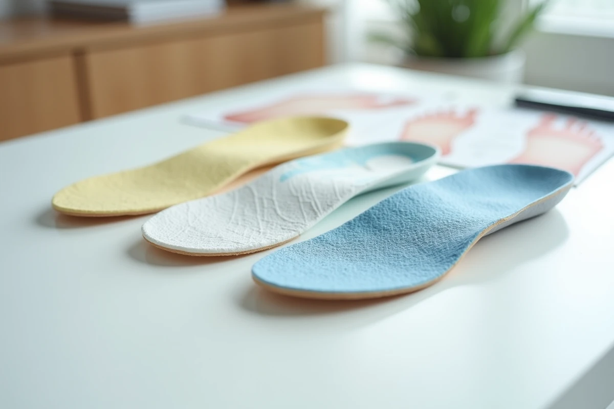 Comparaison de trois semelles orthopédiques pour pied plat posées côte à côte sur un bureau de cabinet podologique
