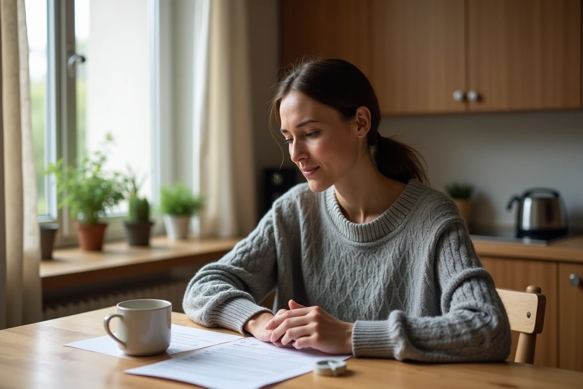 Femme comparant un test urinaire de grossesse et des résultats de prise de sang sur une table de cuisine