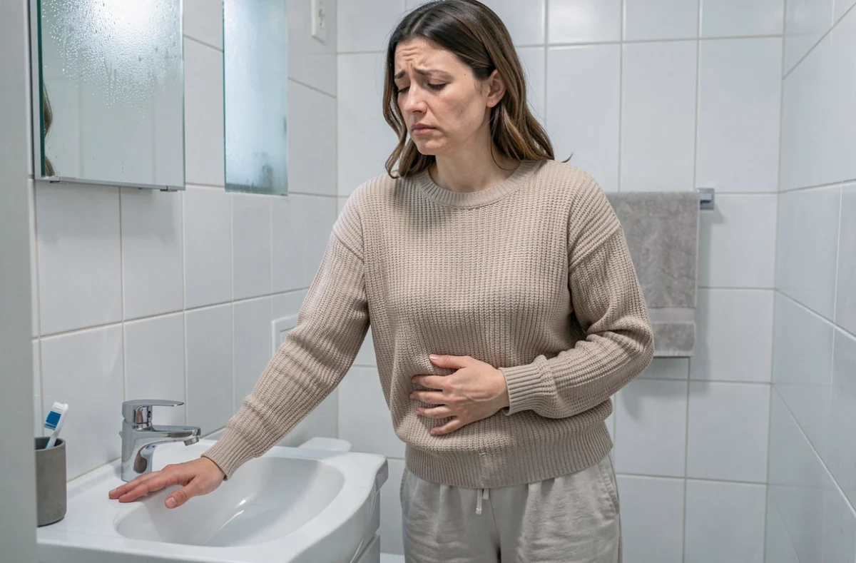 Femme ressentant des douleurs abdominales et lombaires liées à la constipation dans sa salle de bain