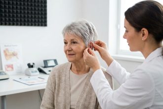 Femme âgée lors d'une consultation chez l'audioprothésiste dans une clinique moderne