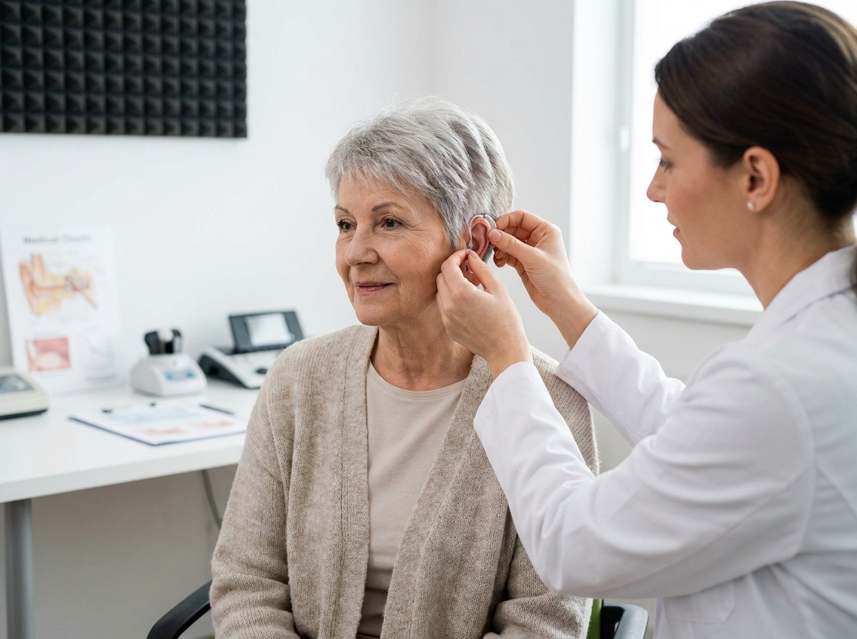 Femme âgée lors d'une consultation chez l'audioprothésiste dans une clinique moderne