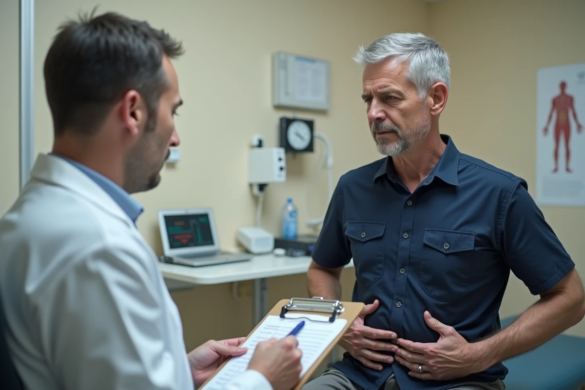 Patient montrant une douleur sous les côtes droites lors d'une consultation médicale avec un médecin