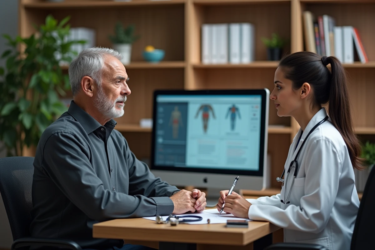 Patient consultant un médecin généraliste au sujet de douleurs persistantes à l'estomac lors d'une consultation médicale