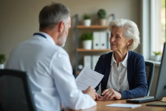Patiente d'âge moyen discutant de son diagnostic avec son médecin généraliste dans un cabinet médical calme
