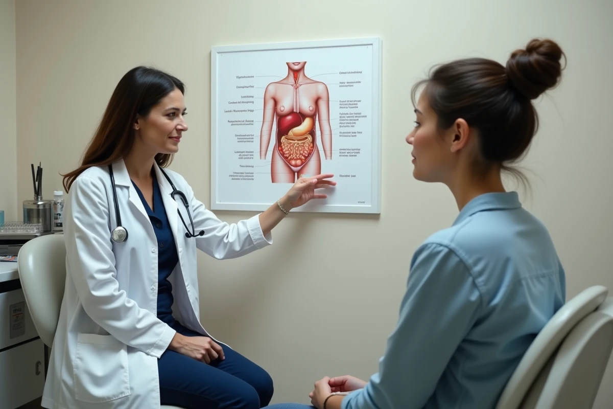 Médecin expliquant à une patiente les causes d'une douleur au ventre côté droit lors d'une consultation médicale