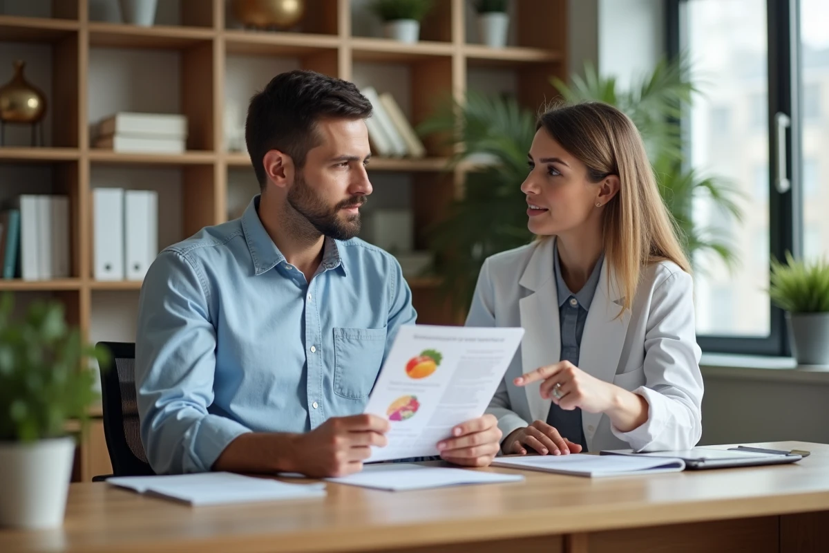 Consultation entre un patient et une nutritionniste autour d'un plan alimentaire personnalisé, illustrant l'accompagnement professionnel pour une perte de poids durable