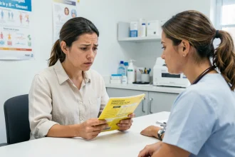 Femme consultant une infirmière dans une clinique de santé voyage pour obtenir son carnet de vaccination international avant un départ en Tanzanie