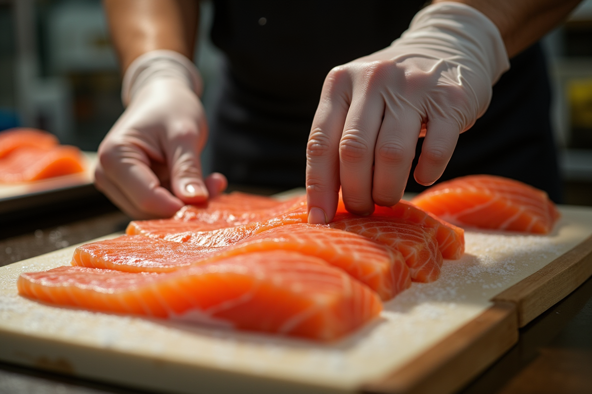 Mains vérifiant la fraîcheur du saumon pour sushi en marché