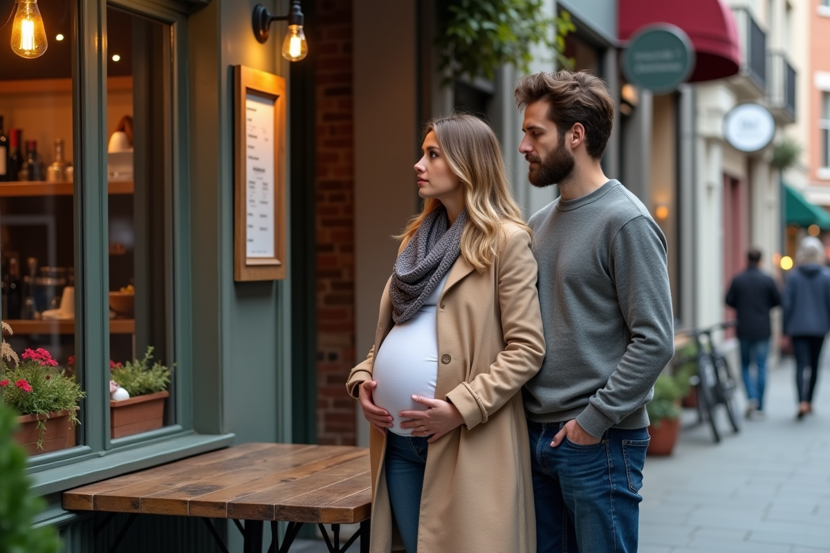 Jeune couple enceinte devant un café en ville