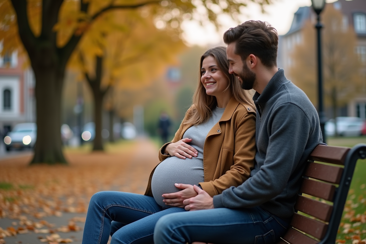 Couple en pleine grossesse partageant un moment dans un parc