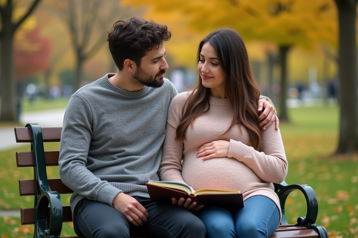 Couple enceinte lisant un livre dans un parc urbain