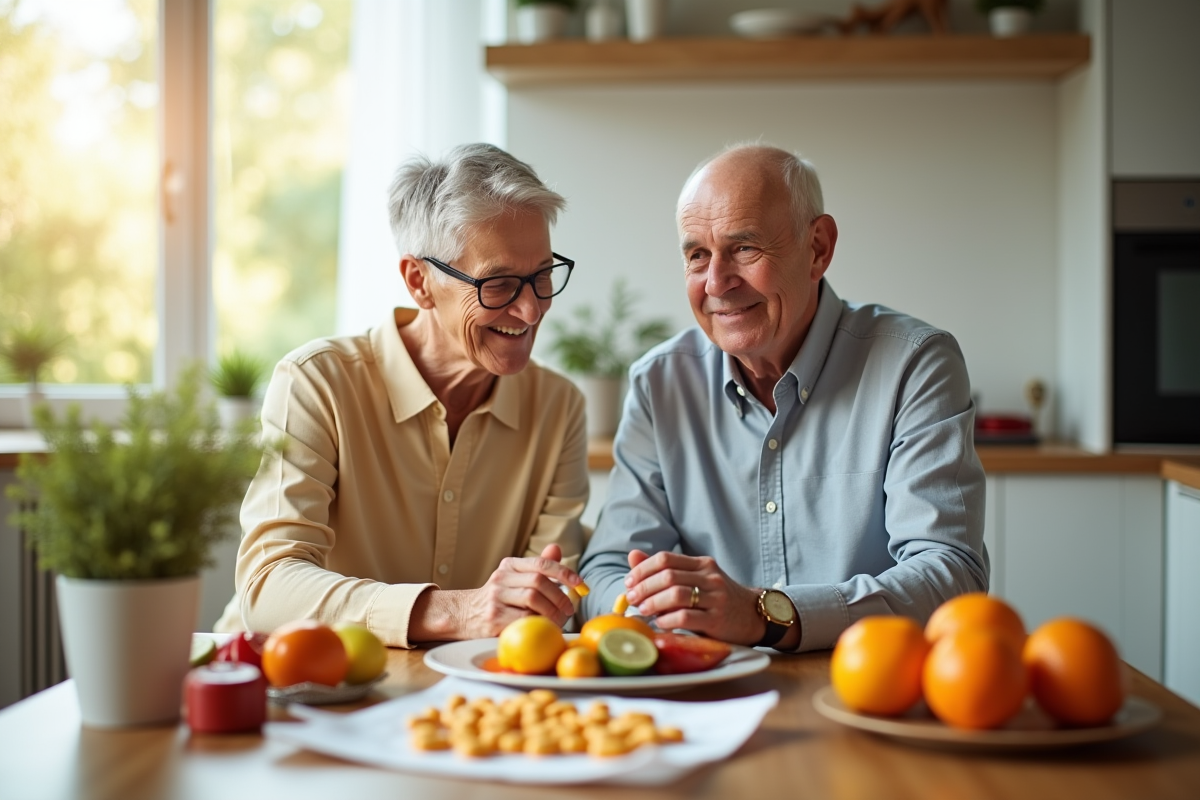 Couple senior sain avec fruits et vitamine B à la maison