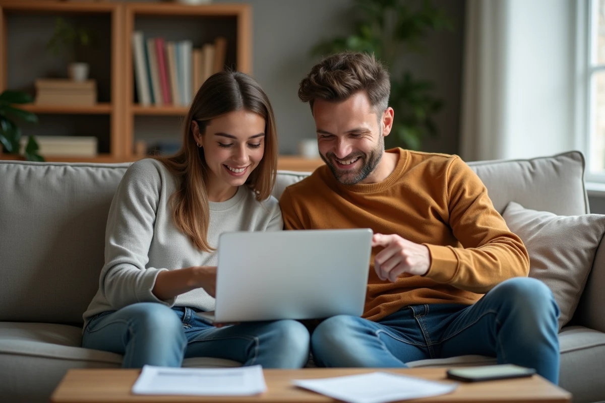 Couple vérifiant ensemble leur contrat d'assurance Groupama sur un ordinateur portable, conseils pour éviter les erreurs d'assurés