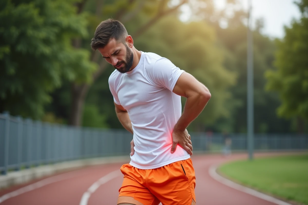 Coureur ressentant une douleur persistante à la fesse droite après un effort physique sur une piste d'athlétisme