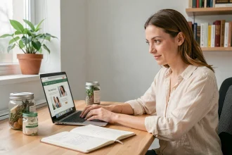 Femme débutante en santé naturelle consultant un site de bien-être sur un ordinateur portable entourée de compléments alimentaires naturels