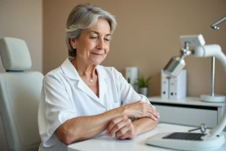 Femme d'âge mûr examinant des démangeaisons sur son avant-bras dans un cabinet de dermatologie