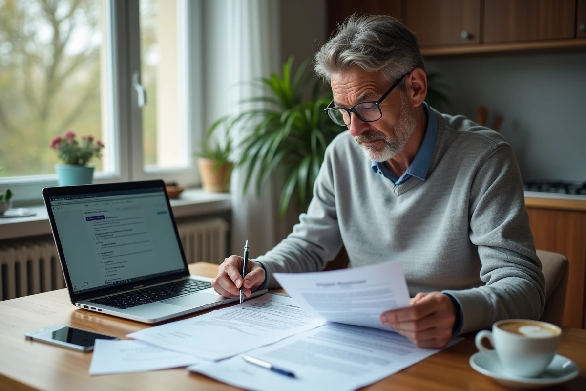 Homme senior lisant des documents administratifs de l'Assurance Maladie à la maison pour une prise en charge à 100%