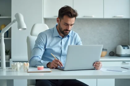 Dentiste professionnel travaillant sur son ordinateur dans un cabinet dentaire